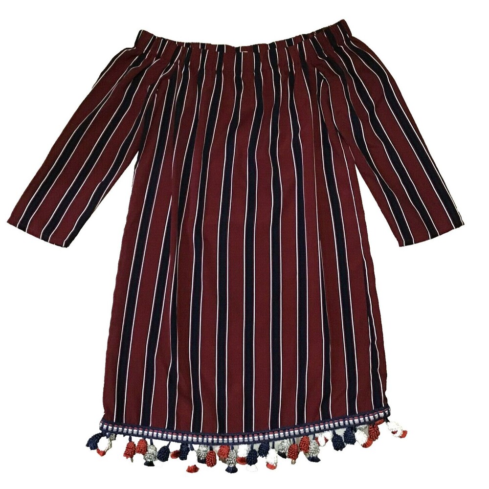 Tassel Tunic Womens Sz L Marroon and Navy Striped Romantic Boho Chic 3/4 Sleeve